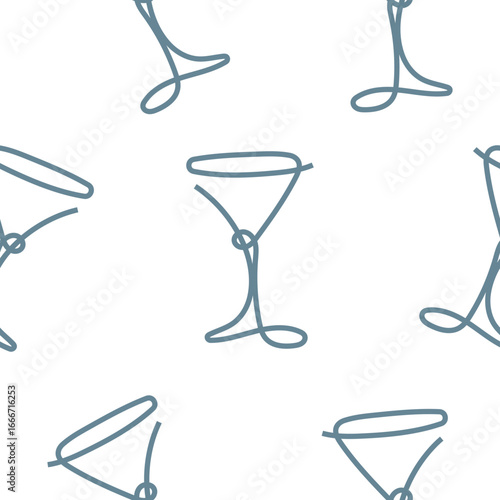 seamless pattern with decorative martini glasses in line art style drawn with several blue lines, for packaging, textiles or websites
