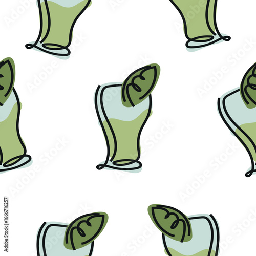 seamless pattern with rectangular mojito glasses in line art style drawn with multiple lines and abstract spots, for packaging, textiles or websites