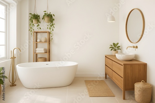 Light Airy Modern Bathroom with Freestanding Tub Wooden Vanity and Round Mirror