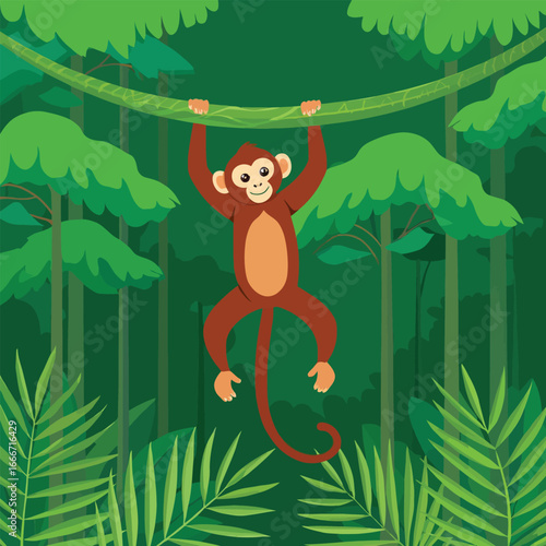Cute cartoon monkey swinging on a vine in a lush green jungle forest
