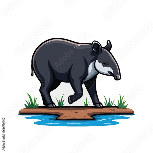 Cute cartoon tapir walking through shallow water with grass on a log