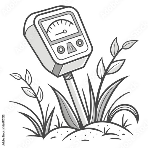 A cartoon soil meter inserted into the ground surrounded by grass and small plants