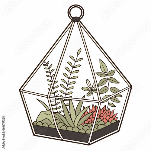 A geometric glass terrarium filled with various green succulents and plants on a white background