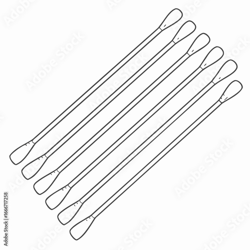 A row of six thin cotton swabs with rounded tips arranged diagonally on a white background