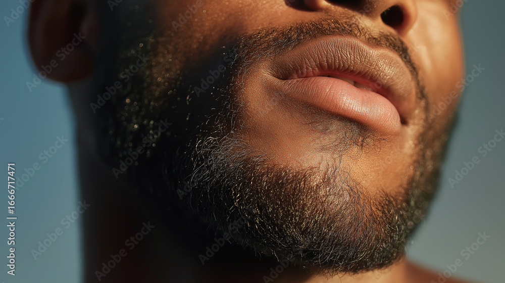 Obraz premium Close up of man jaw and neck with well groomed beard and smooth lips under natural light, showing radiant skin texture and facial hair detail