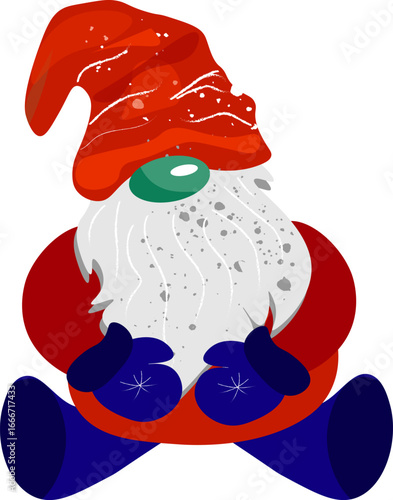 illustration of a sitting Christmas gnome. This stylized holiday character features a textured red hat,a prominent green nose, a long white beard, and blue mittens decorated with a snowflake design
  