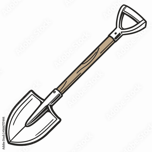 A simple cartoon illustration of a garden shovel with a wooden handle and metal scoop on a white background