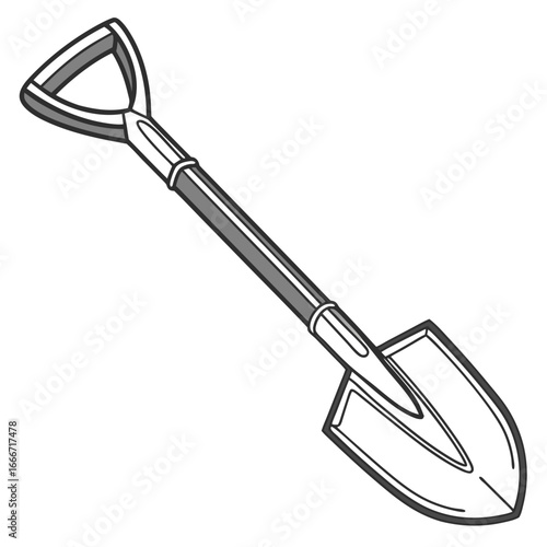 A simple clean line art illustration of a garden spade with a d shaped handle on a white background