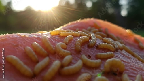 Maggots Crawling on a Pinkish Surface in Sunlight: A Close-Up Look at Nature's Decomposers