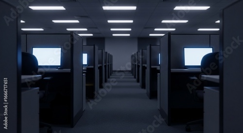 Empty office cubicles displaying modern workspace concepts and professional work environments suggesting contemporary business operations and technological productivity suitable for commercial use