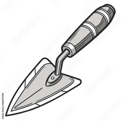 A simple stylized illustration of a gardening trowel with a gray handle and metal blade on a white background