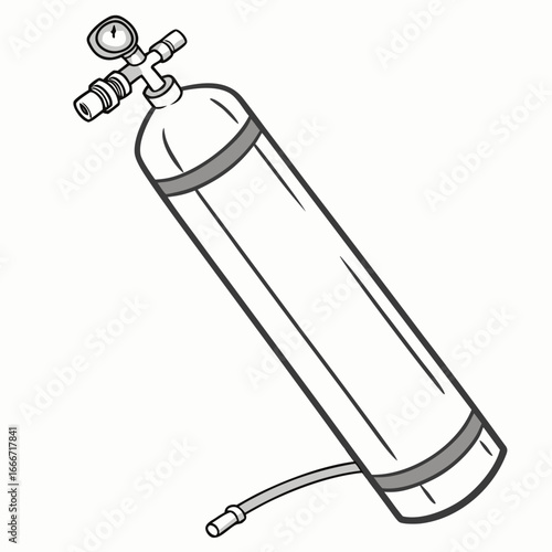 Black and white illustration of a scuba diving oxygen tank with a pressure gauge and hose