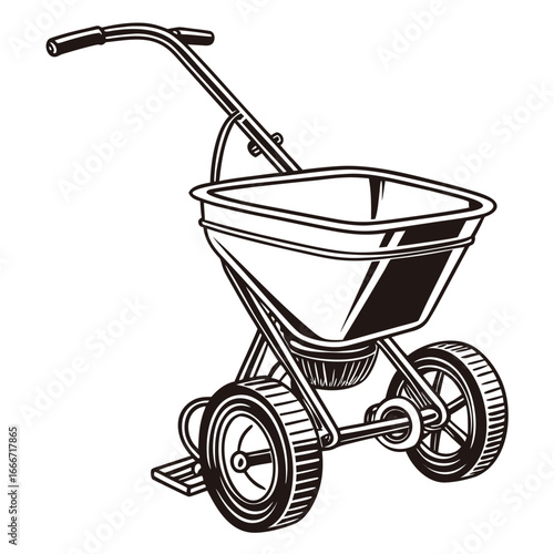 Black and white illustration of a wheeled garden spreader for lawn care and gardening tasks