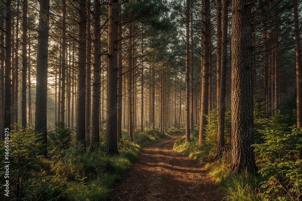 Fototapeta premium A trail winding through a forest of pine trees by the seaside