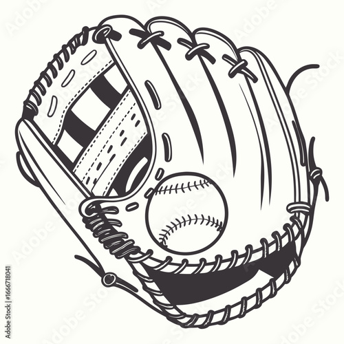 Classic baseball glove and ball illustration with detailed stitching and lacing on a white background