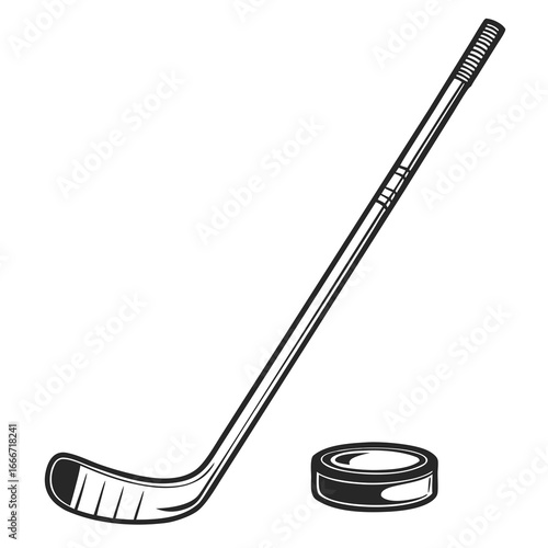 Classic black and white illustration of an ice hockey stick and puck on a clean white background
