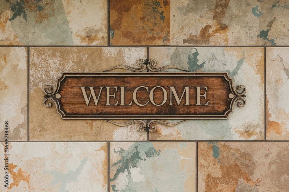 Fototapeta premium Front Wall of a Home Featuring Number and Welcome Sign Decor