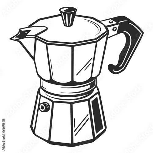 Classic moka pot coffee maker illustration with a retro style and black and white design
