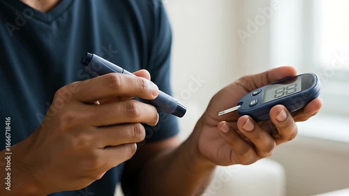 Man performing a diabetes check with a glucometer for blood sugar level monitoring at home