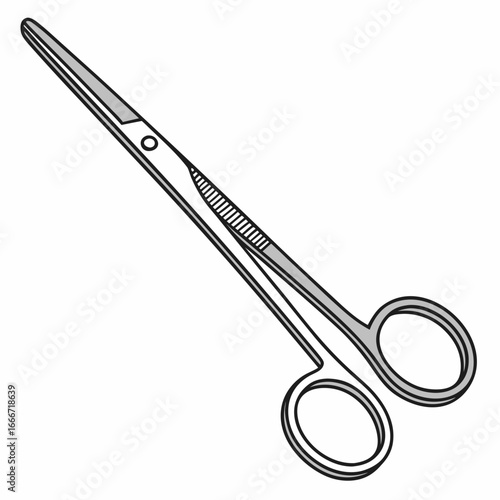 Close up illustration of surgical scissors with fine serrated jaws and finger loops on a white background