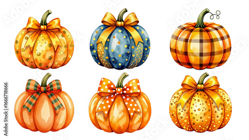 Decorative pumpkins with bows and plaid polka dot patterns. Autumn pumpkins with ribbons and glitter plaid festive design
