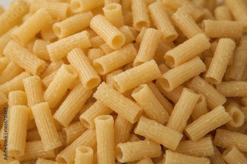 A pile of rigatoni pasta sh...