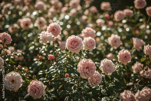 A sunlit rose garden with s...
