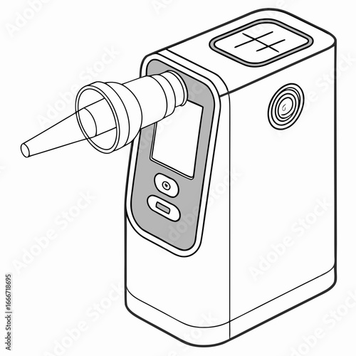Close up line drawing of a modern portable breathalyzer with a digital screen and mouthpiece