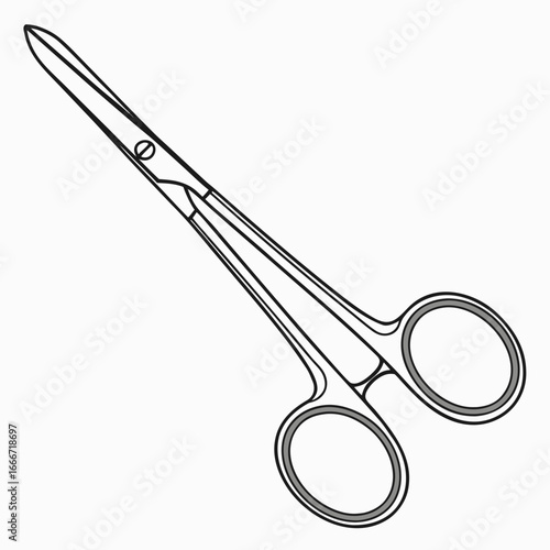 Close up illustration of surgical scissors with finger loops and sharp blades on a white background