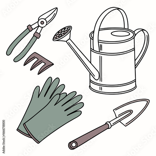 Collection of essential gardening tools including pruning shears hand rake watering can gloves and trowel