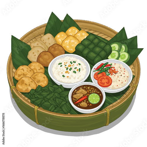 Baduy traditional food, presented in rustic bamboo containers, is depicted in a colorful flat illustration, highlighting Indonesian culinary heritage.