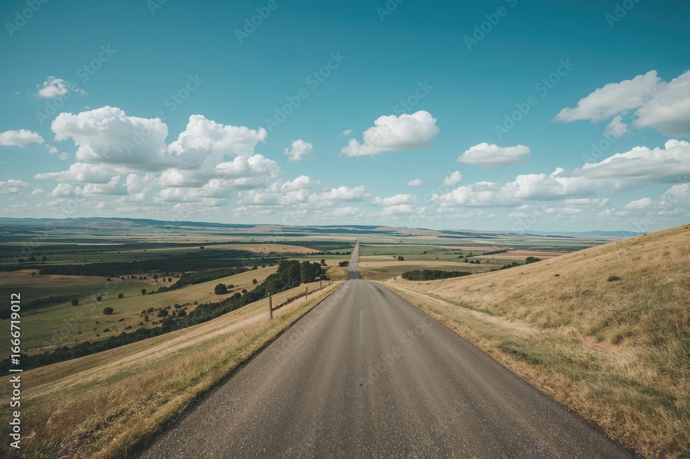 Naklejka premium Aerial view of a highway cutting across flat grasslands in a wide-angle panorama