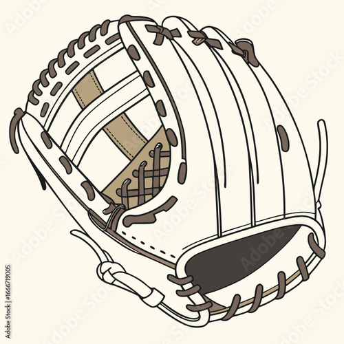 Detailed illustration of a classic baseball glove with brown laces and stitching on a cream background