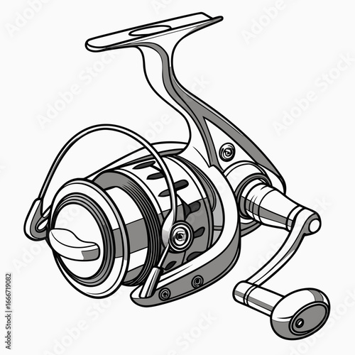 Detailed illustration of a modern spinning fishing reel with a silver body and black accents