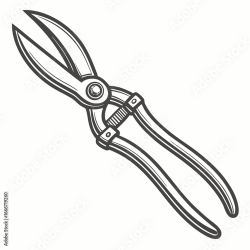 Detailed illustration of vintage garden pruning shears or secateurs with open blades and handles
