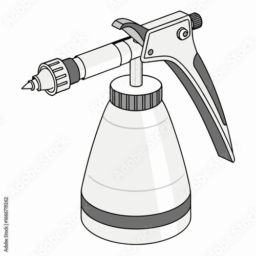 Detailed illustration of a white and grey trigger spray bottle with a pointed nozzle and ergonomic handle