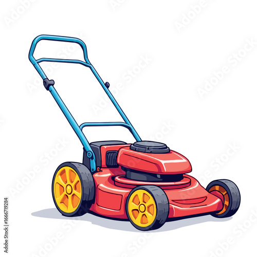Vsai red lawn mower cutting grass in the garden