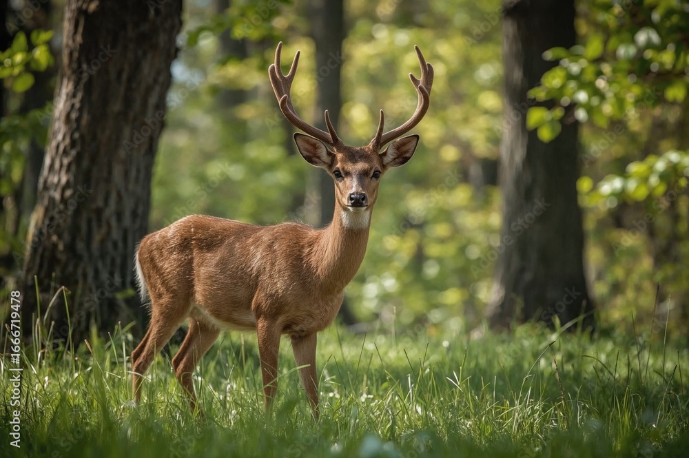 A young male roe deer among woodland trees in its natural environment. A young male roe deer among woodland trees in its natural environment.