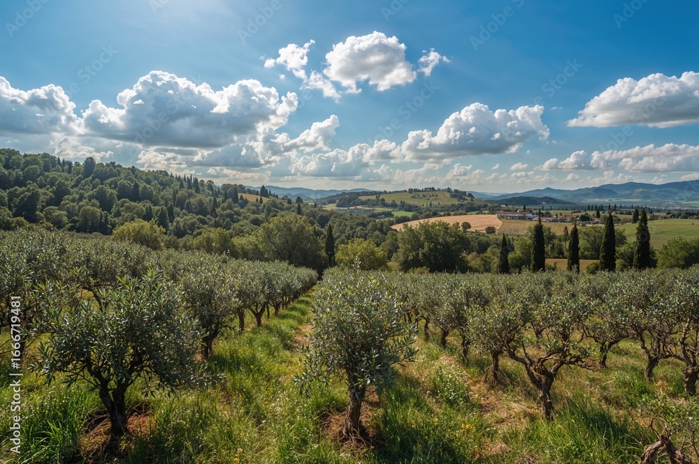 Naklejka premium Springtime vineyard and olive field captured by drone in a rural setting