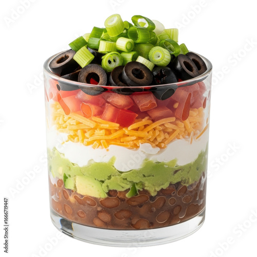 close-up macro of vibrant seven-layer dip in clear glass dish, distinct layers, soft studio lighting, clean background, culinary perfection concept