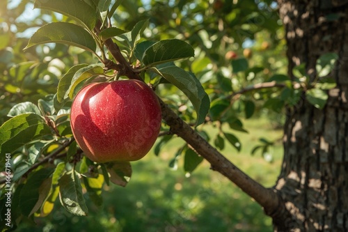 A crimson apple hanging fro...