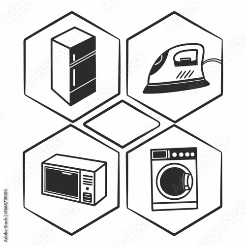 Home appliances icons in hexagonal shapes including refrigerator, iron, microwave