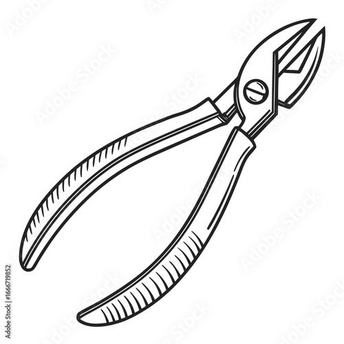 Hand drawn illustration of a pair of metal wire cutters or nippers on a white background