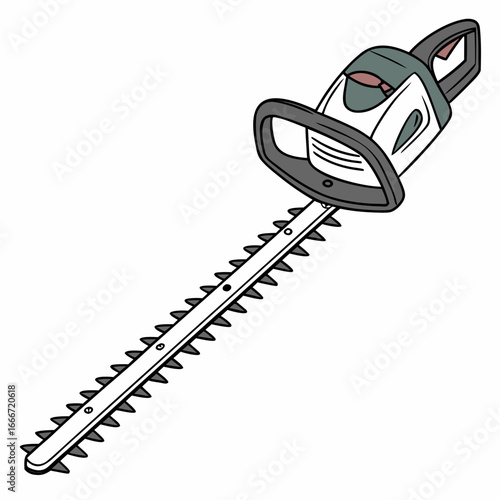 Illustration of a modern electric hedge trimmer with sharp double sided blades and ergonomic handle