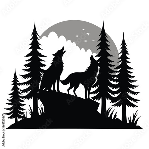 Silhouette of Two Wolves Howling Under a Starry Moon Surrounded by Pine Trees