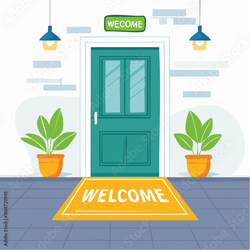 Colorful Illustration Of Modern Front Door With Welcome Mat And Plants