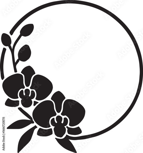 Orchid decorative circle silhouette vector, perfect for floral frames, logos, invitations, and elegant botanical designs.