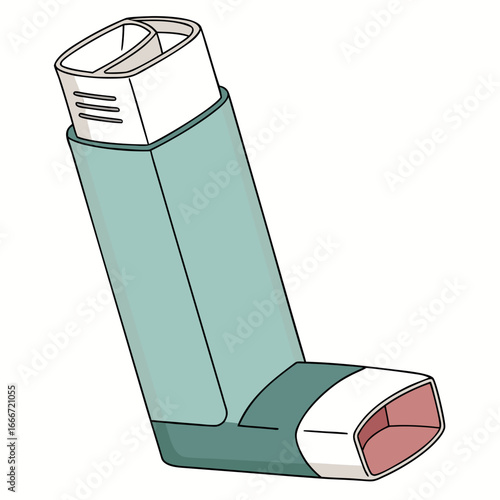 Illustration of a teal and white inhaler used for asthma medication and respiratory relief