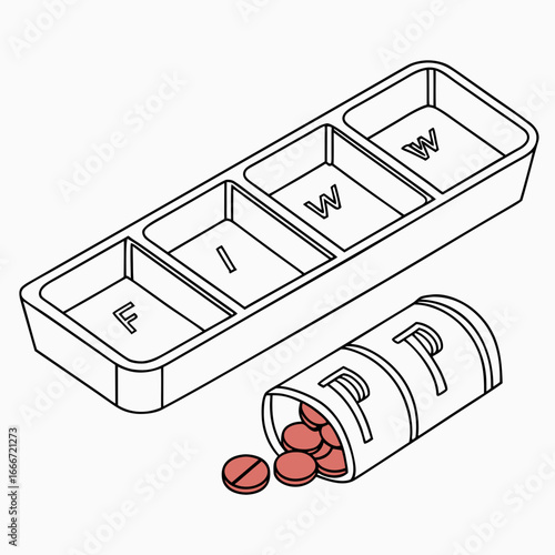 Isometric illustration of a pill organizer with compartments labeled for days of the week and a spilled bottle of red pills