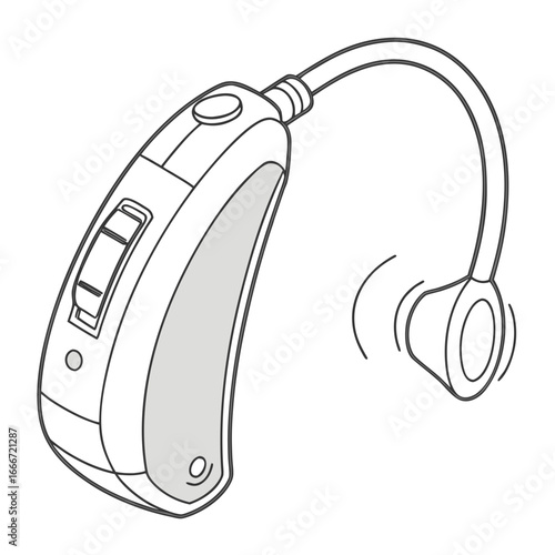 Line art illustration of a modern behind the ear hearing aid with a sound dome
